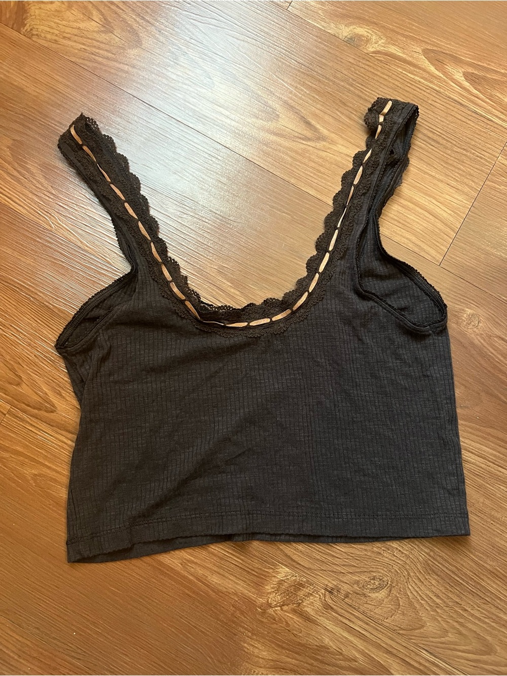 aerie brown Ribbed Lace-Trim Camisole Tank